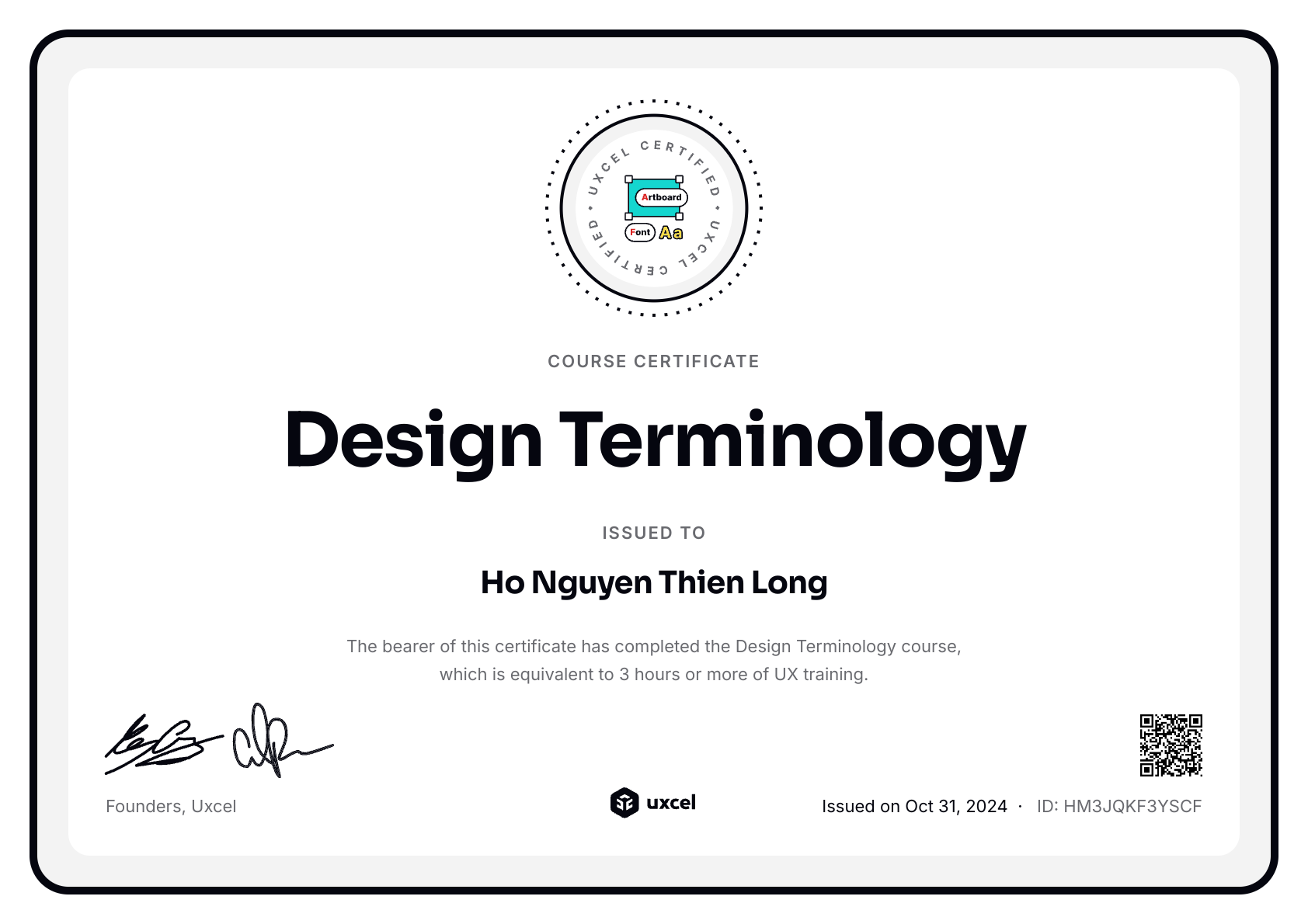 Ho Nguyen Thien Long's certificate